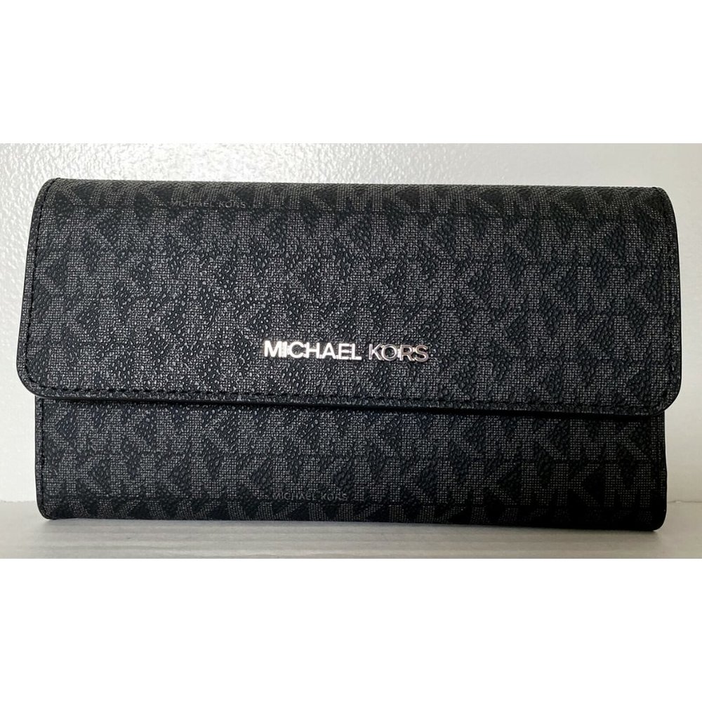 New Michael Kors Jet Set Travel Large Trifold wallet PVC Black with Silver - Picture 1 of 4